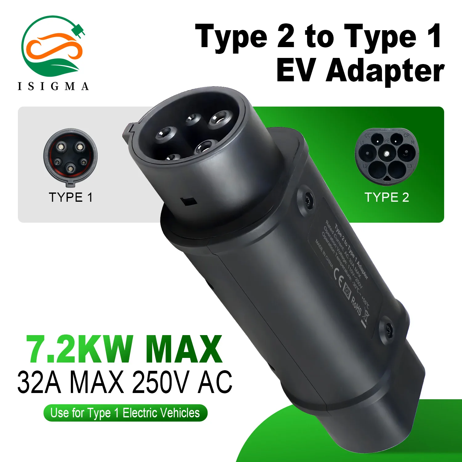 32A Type 2 to Type 1 EV Charger Adapter IEC 62196 J1772 7kW Single Phase Converter for Electric Vehicle