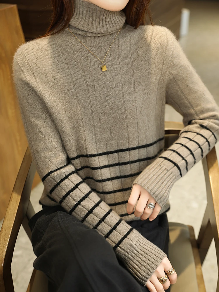 Prosty styl golf w paski jednokolorowy sweter w kratkę wiosna jesień 100% wełna merynosów dzianina damski sweter wygodne topy