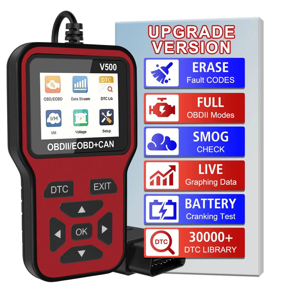 

Универсальный считыватель кодов, автомобильные диагностические инструменты OBD2, сканер OBD II, проверка системы двигателя, тестер батареи V500, прозрачный код неисправности
