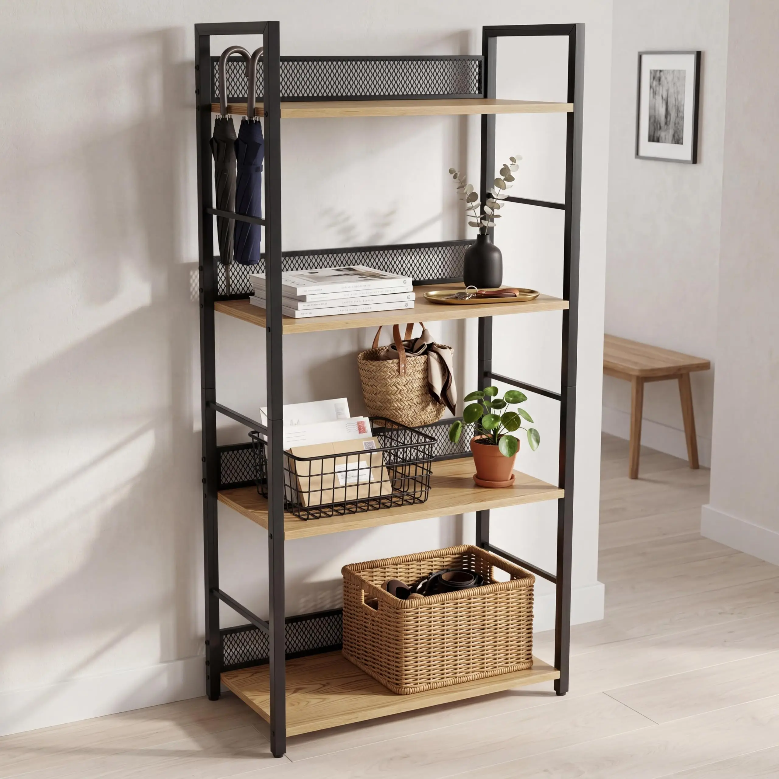 4-Tier Industrial Bookshelf with Diamond Mesh Guard – Tall Narrow Bookcase, Metal & Wood Display Shelf, Vertical Storage Rack for Bedroom, Living Room, Home Office