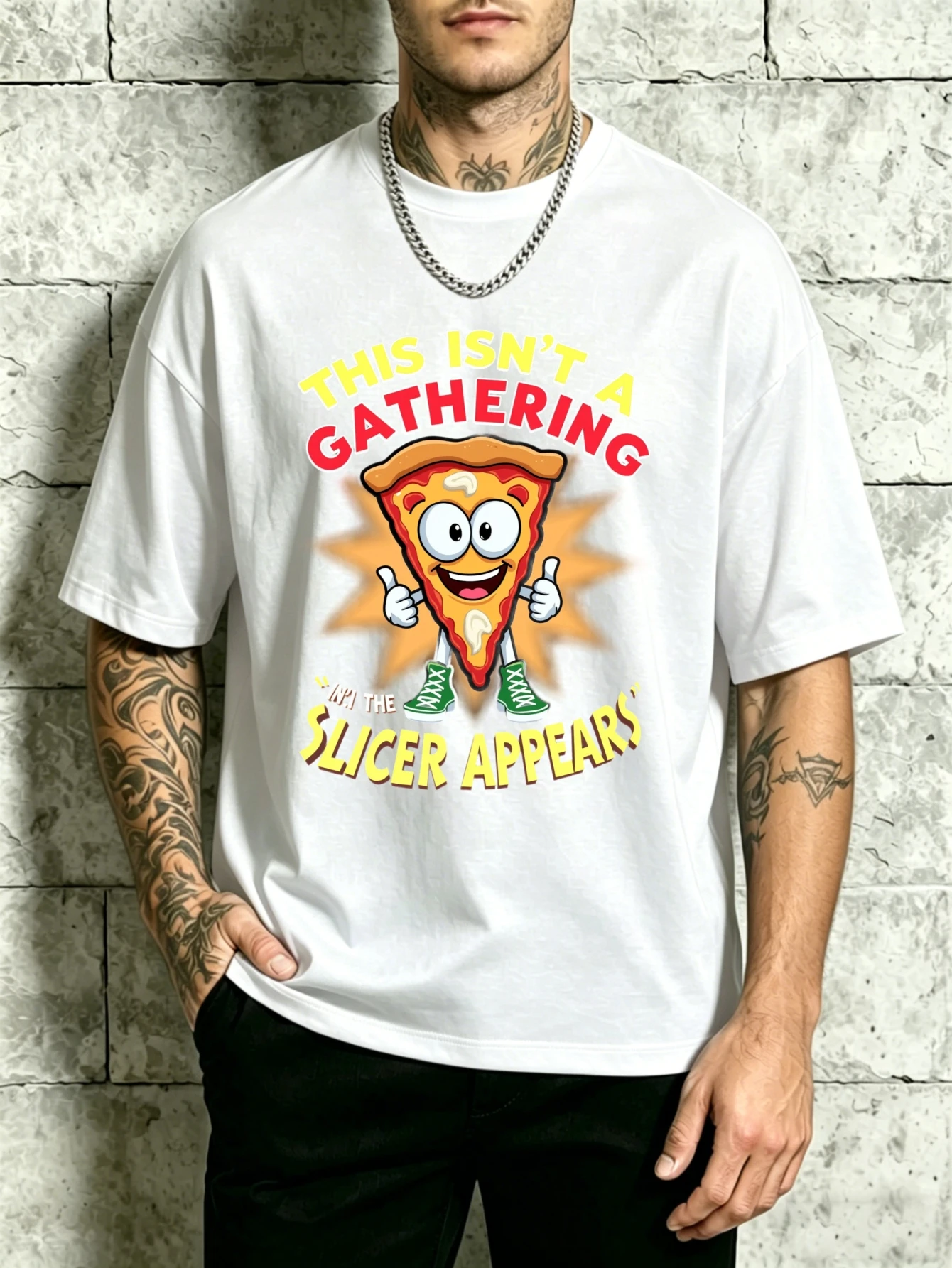 Cartoon Pizza Slices, Thumbs up Gesture and Text, Men's T-Shirt, Pizza-Themed Design, Casual Everyday Wear, Gift for Food Lovers and Comedy Fans
