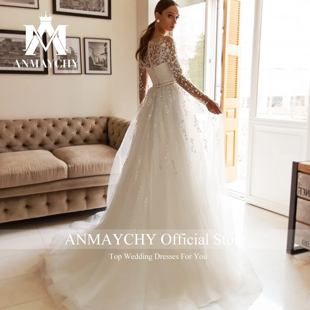 ANMAYCHY a-line فساتين زفاف للنساء 2023 طويلة الأكمام الوهم زر الزهور الدانتيل الخرز ثوب الزفاف Vestidos De Novia