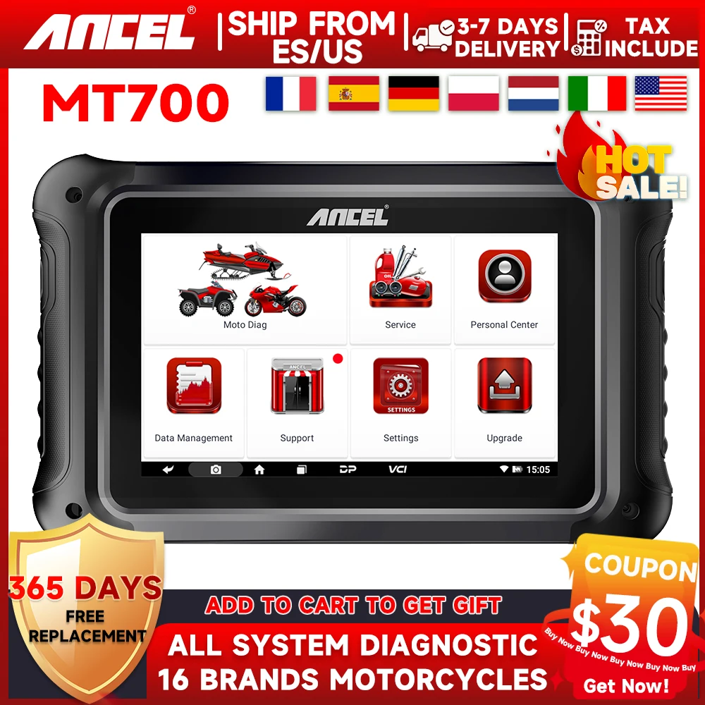 ANCEL MT700 Motorcycle Scan All System Diagnostic Tool Oil Rest ABS Bleeding 31 Reset ECU Coding Functions Motorcycle Scan Tool