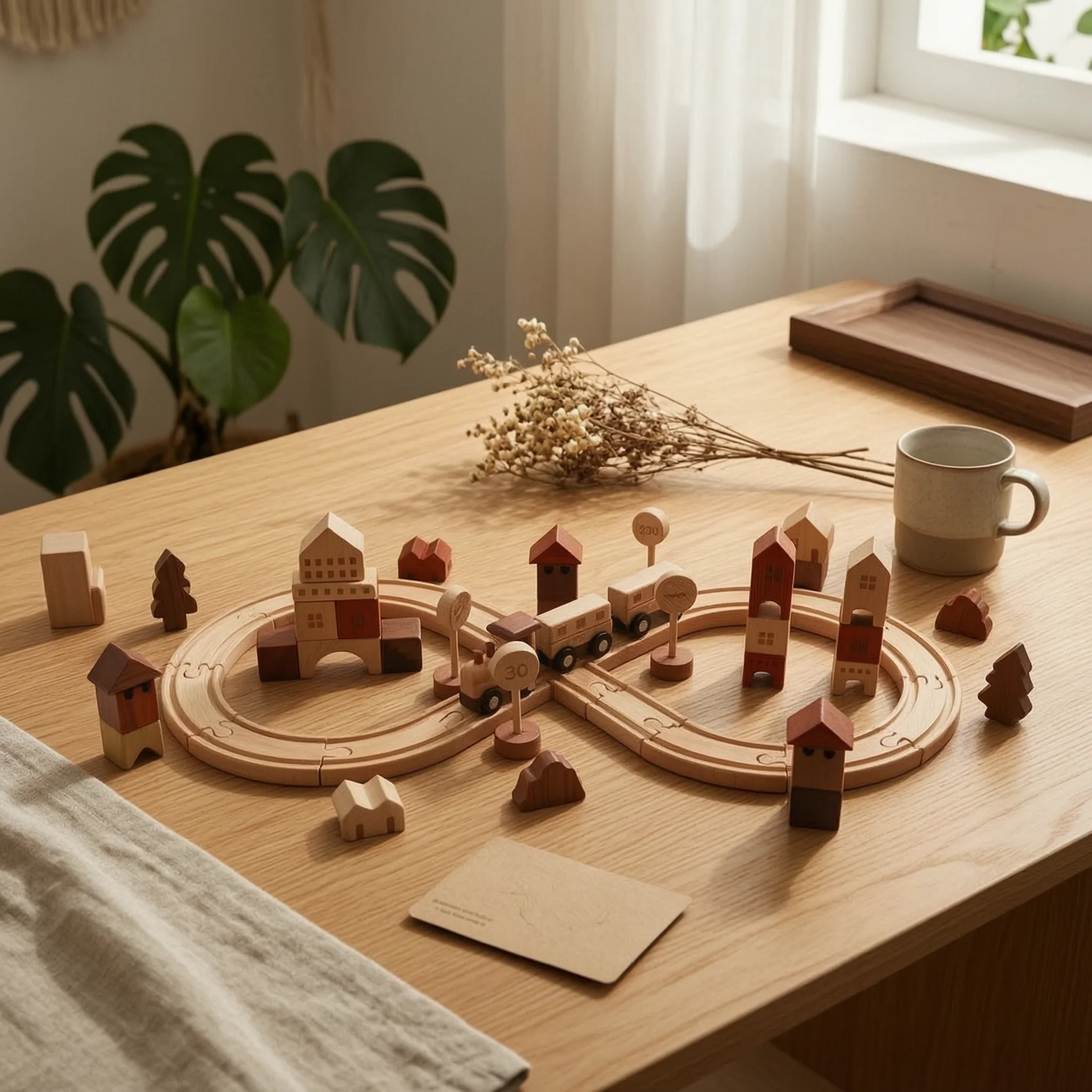 Tabletop Train Track Set Pretend Town Printed Details Wooden Rail-Building Toy Wooden Railway Station Wood Train Station