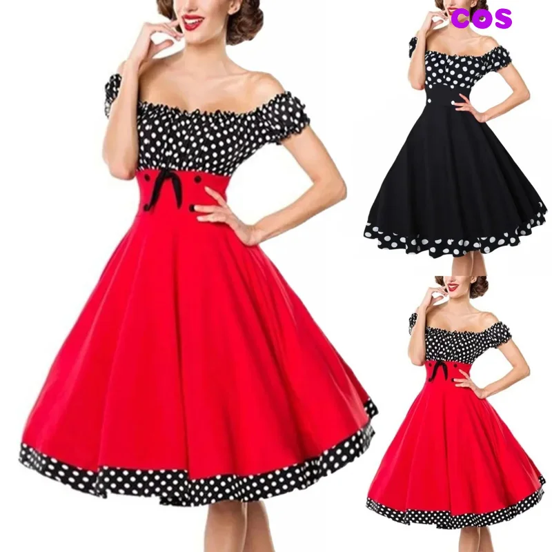 A Elegant Polka Dot Patchwork Vintage Dresses Women 2023 Robe Hepburn Style Slash Neck Off the Shoulder Summer Party Prom Dress