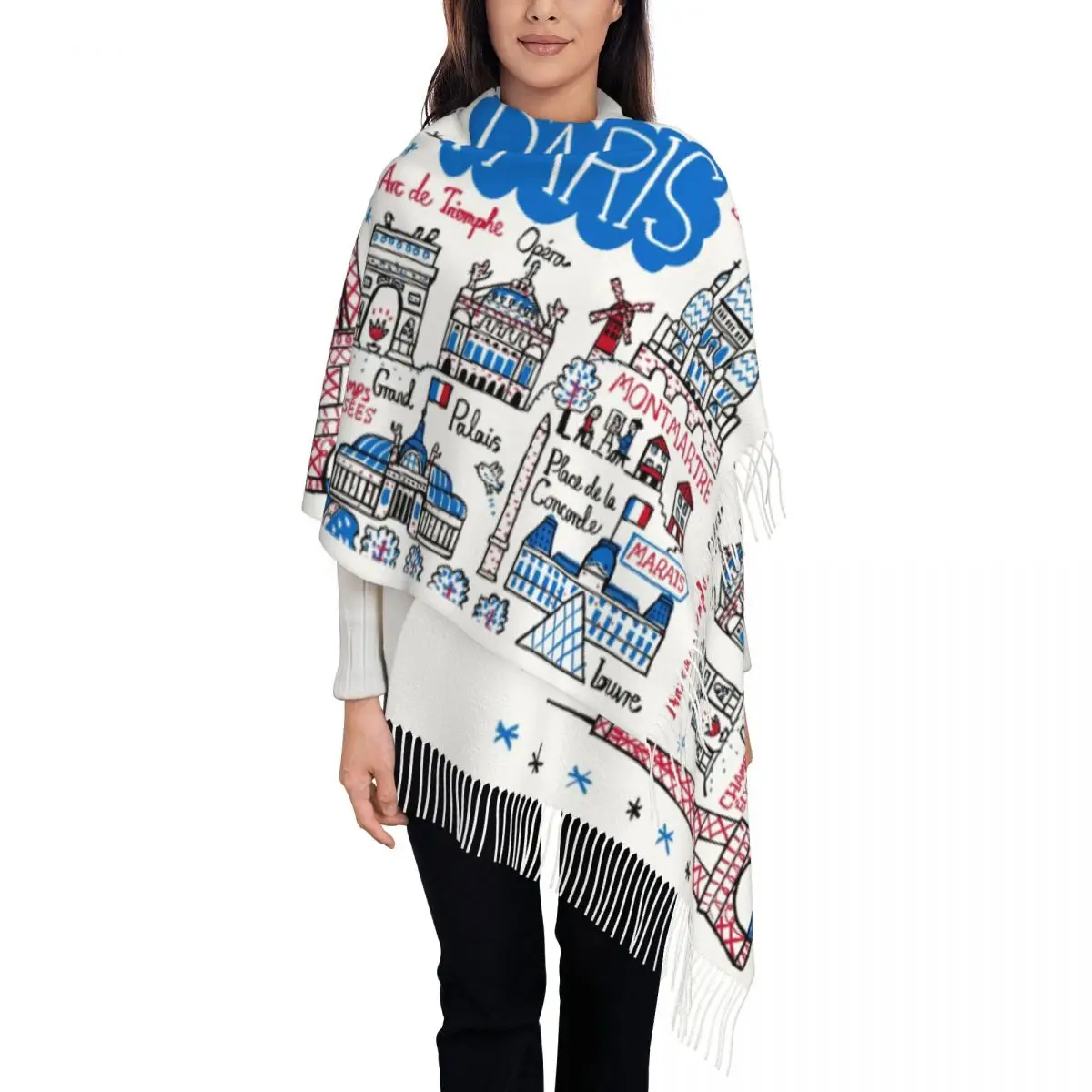 Custom Printed France Paris Eiffel Tower Scarf Men Women Winter Fall Warm Scarves Comic Painting Scenic Area Shawls Wraps