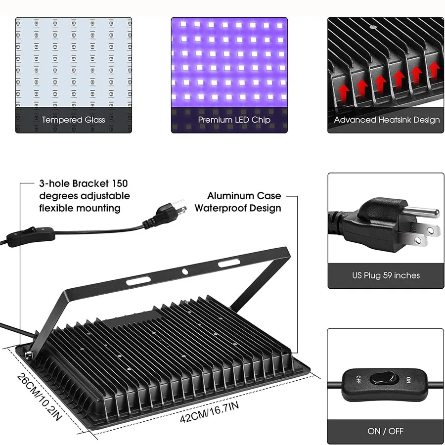 Luz LED negra de 100W, 200W y 300W, reflector UV resistente al agua, luces negras brillantes para fiestas, decoración de carteles fluorescentes