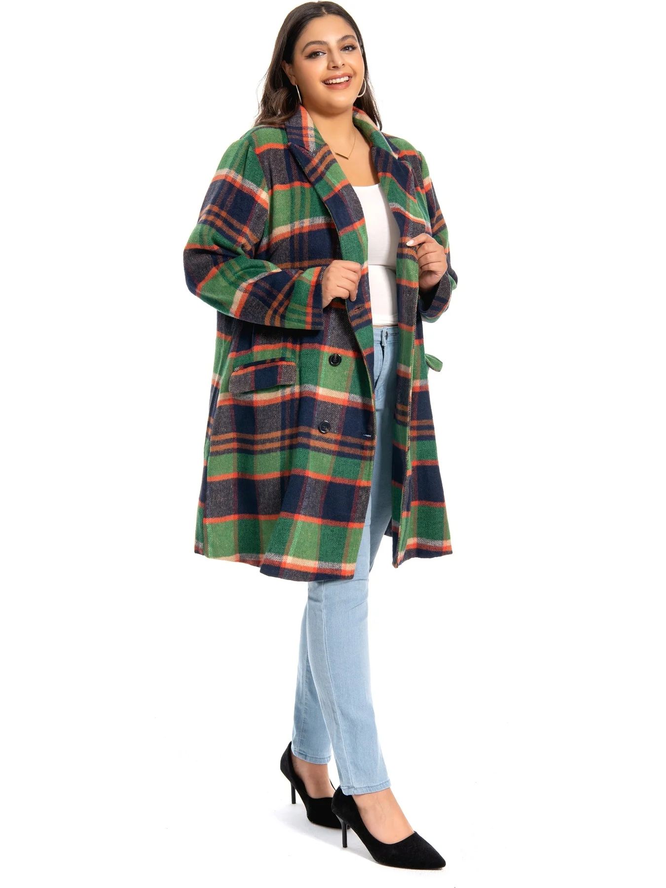 Plus-size Women's Elegant Double-Breasted Plaid Coat. Ideal for daily wear & workplace 1-5XL.