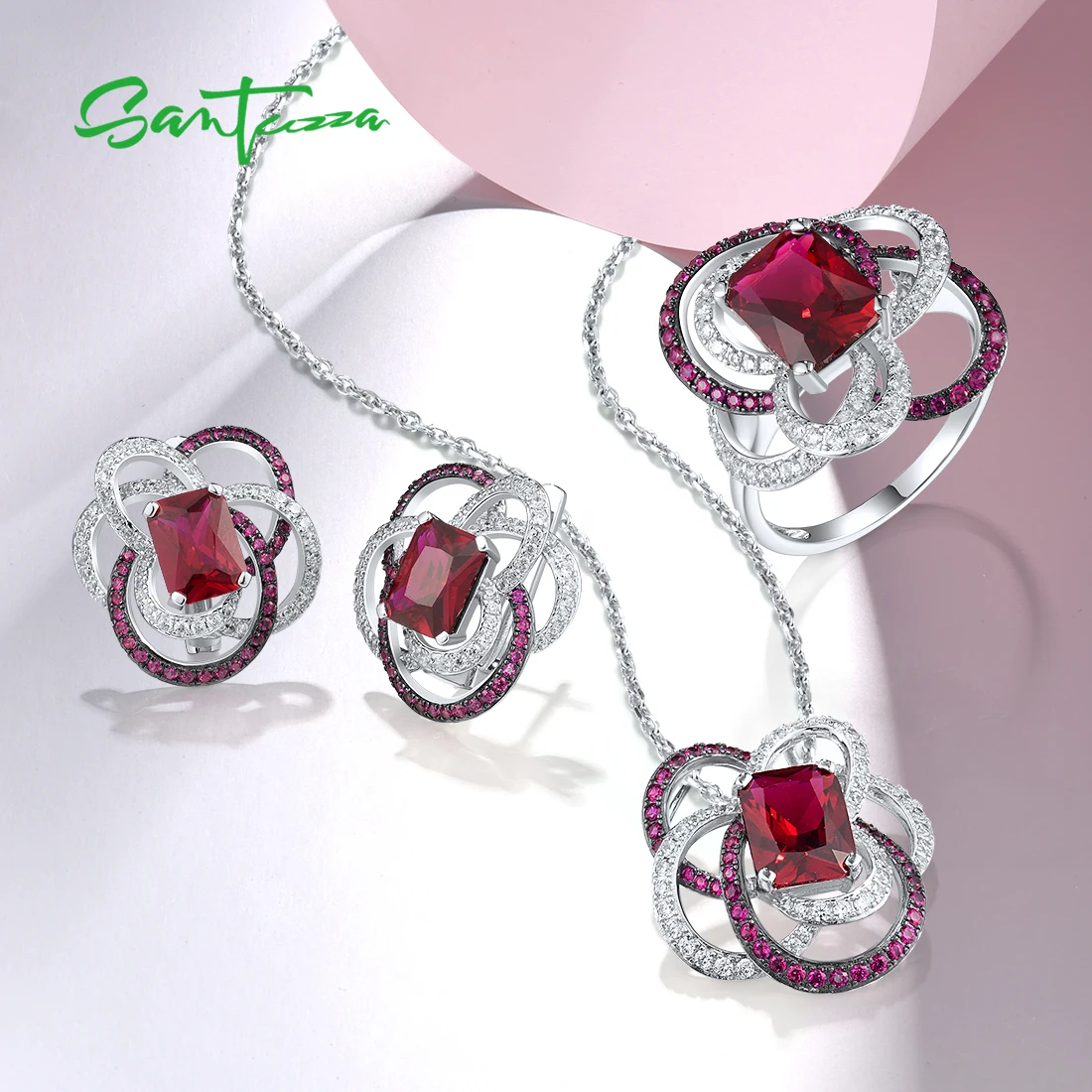 SANTUZZA Jewelry Set For Women Real 925 Sterling Silver Created Ruby White CZ Pendant Earrings Ring Elegant Sweet Fine Jewelry