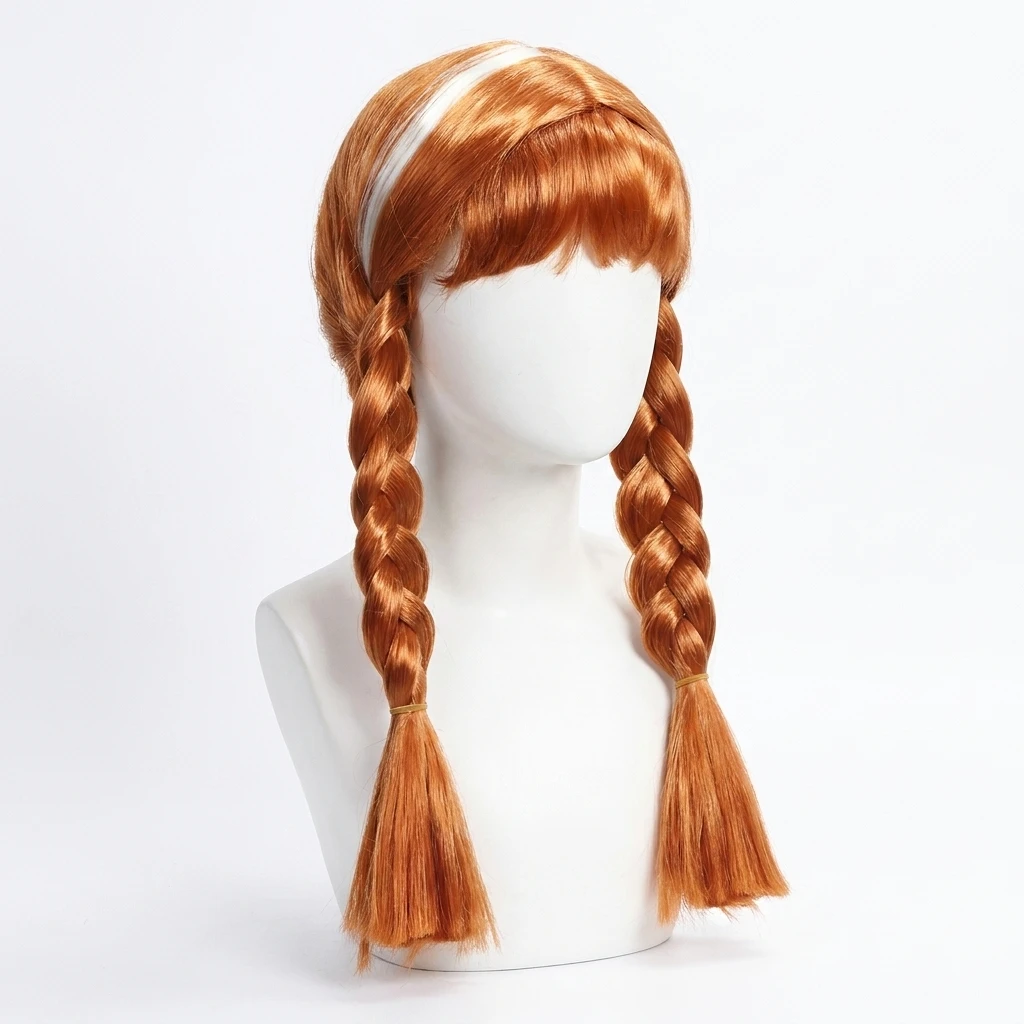 

Girl Cosplay Wig Orange Red Double Braided Pigtails Synthetic Hair With Bangs White Streak Halloween Party Costume Hairpiece