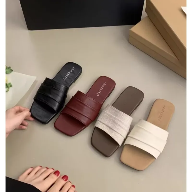 Summer Fashion Slippers for Women Flip Flops Flats New Pleated Korean Slippers Women Sandals Green Slip on Shoes