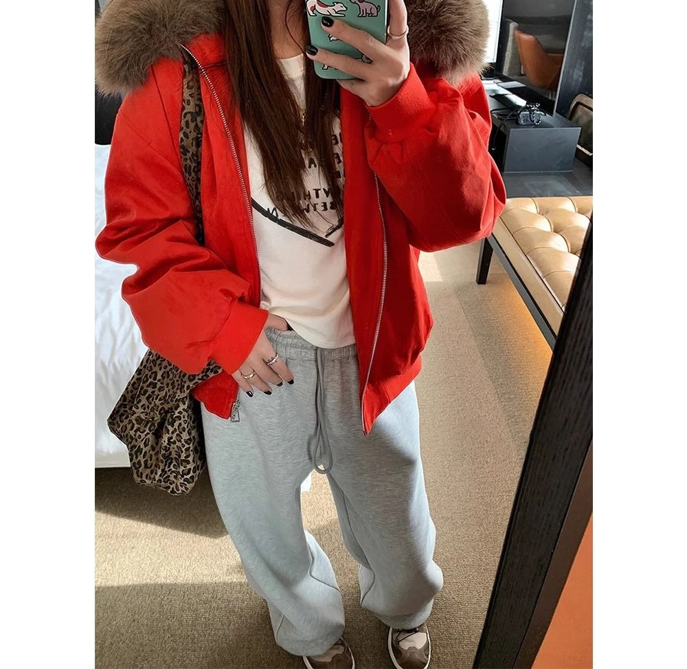 Fashionable Loose Casual Red Big Fur Collar Cotton Jacket for Women's Winter New Jacket Jacket 2025