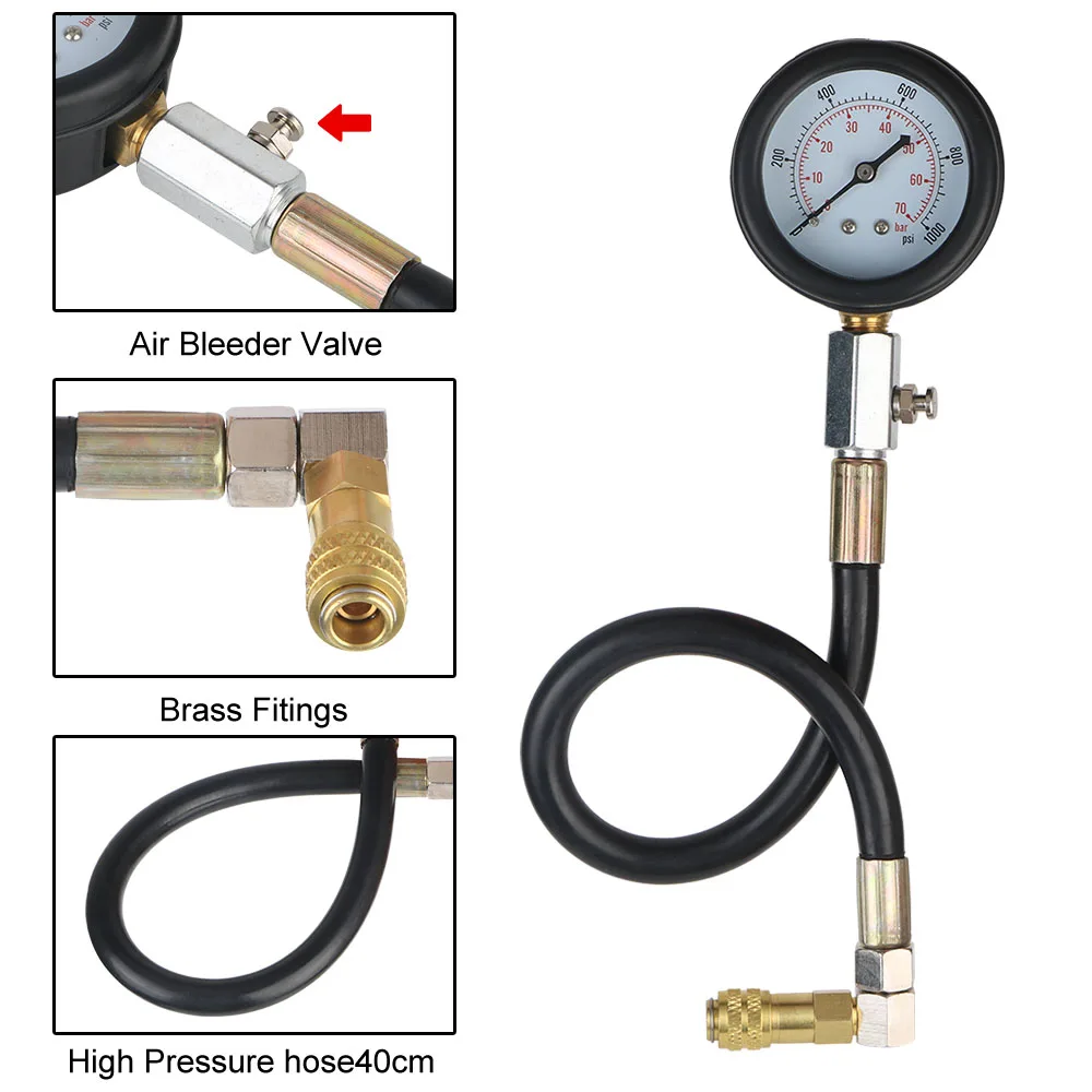 18PCS Gauge Kit Diesel Engine Cylinder Compression Tester Kit Gauge Diagnostic Tools Kit Car Tools 0-1000Psi Adapter Set TU-15A