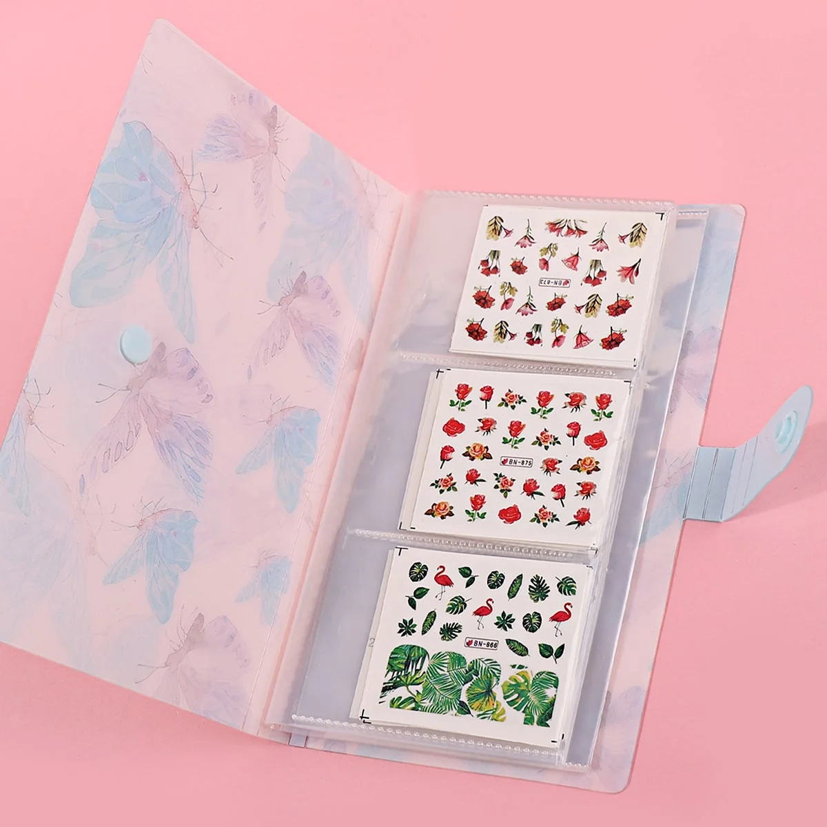 120 Slots 3-Gitter Nail Art Sticker Buch Niedlicher Blumen Schmetterling Insekt Nagelaufkleber Aufbewahrungsalbum für DIY Maniküre Dekor