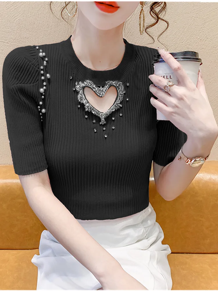 Summer New Fashion Casual Simple Diamond Inlaid Hollow Out Chic Point Short Sleeve T-Shirt Solid O-Neck Women Pullover Slim Top