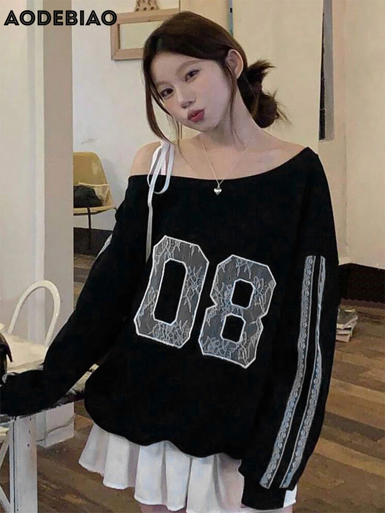 AODEBIAO Black Hoodie Women Autumn Winter Long Sleeves Fashion Print Hoodie Sexy Off-shoulder Casual Hoodie Women New Streetwear