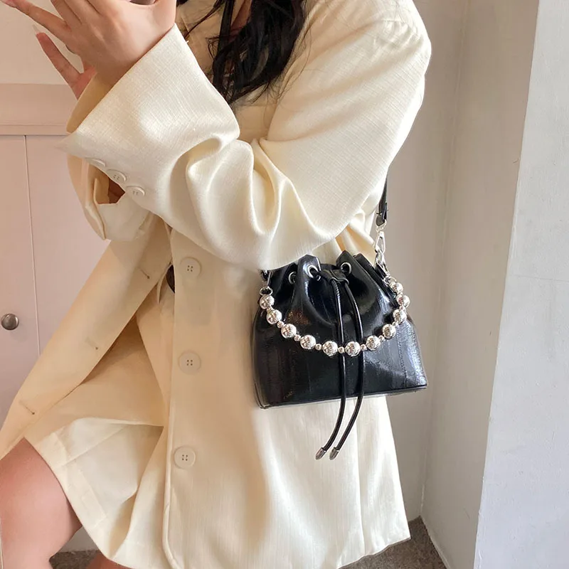 Chain Beaded Bucket Bags for Women Fashion Elegant PU Leather Shoulder Bags Female Solid Color Designer Luxury Handbags 2024