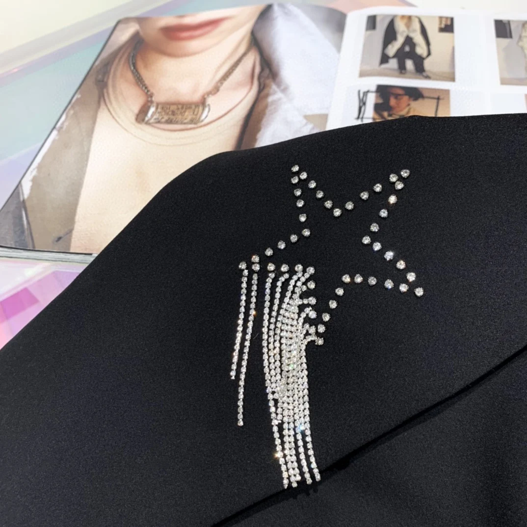 Women Black Diamonds Beaded Stars Tassels Blazers Coat Rhinestones Fringed Suit Jacket Spring Autumn OL Sequined Cardigan Tops