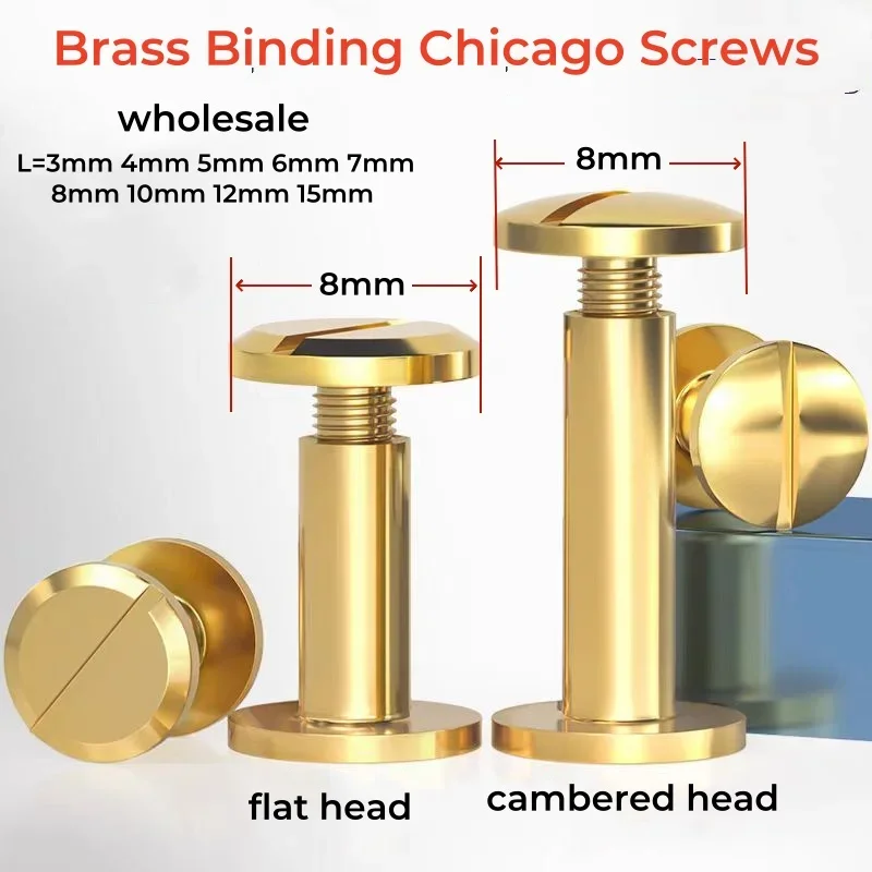 

100pcs Brass Binding Chicago Screws Studs Rivets Slotted Belt Screw for Photo Album Desk Menu Wallet Fasteners Rod Length 3~15mm