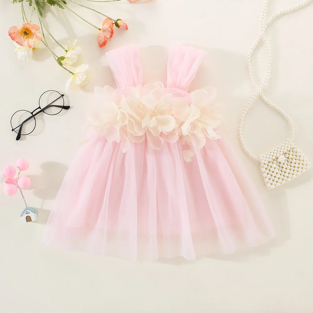 Baby-Kleider Sommer Baumwolle Einfarbig Blumen-Netz Ärmellos Baby-Mädchen-Kleid Cartoon Niedliches Strand-Prinzessinnenkleid Mädchenbekleidung