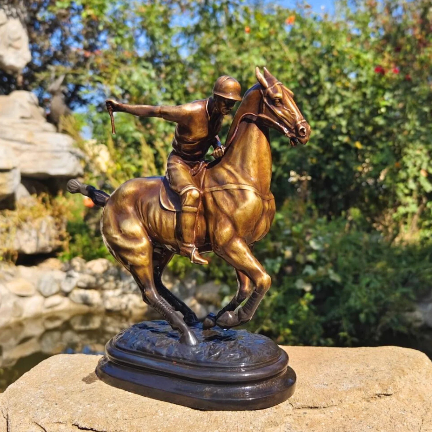 Escultura de Jockey de caballo de jugador de Polo de bronce de 33cm, estatua de bronce de caballo de invitación artesanal, colección de decoración para el hogar y la Oficina
