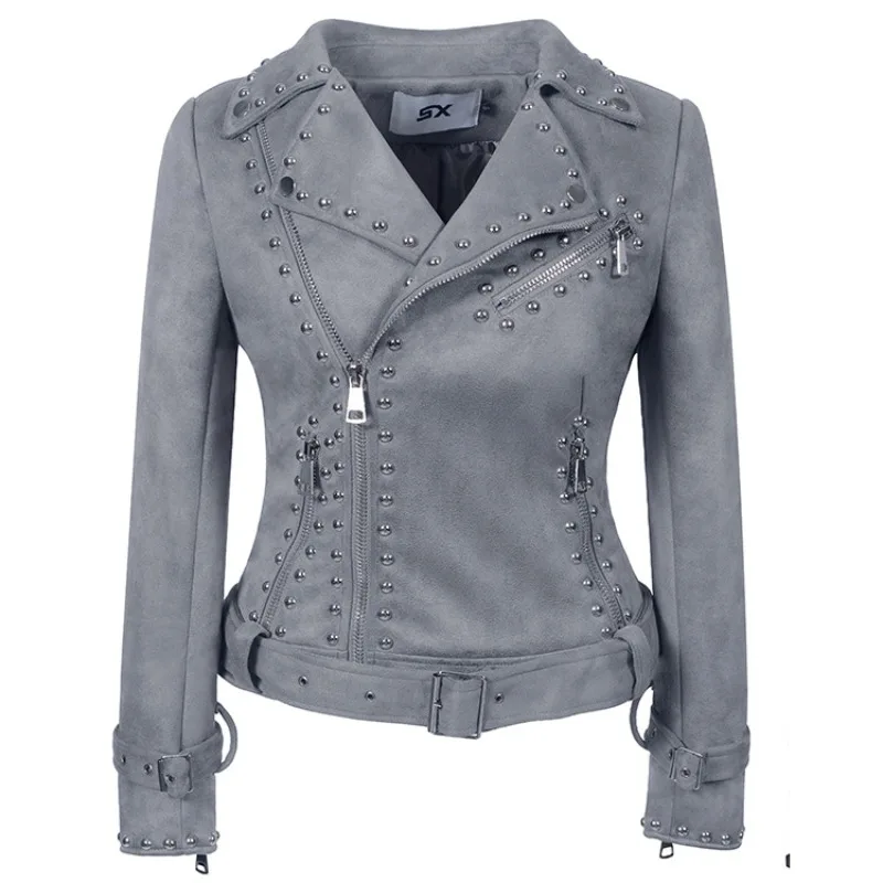 2025 nuevas chaquetas de tela de gamuza con remaches Punk de otoño e invierno para mujer, abrigo rosa serpentino a la moda, chaqueta de cuero con cremallera y solapa