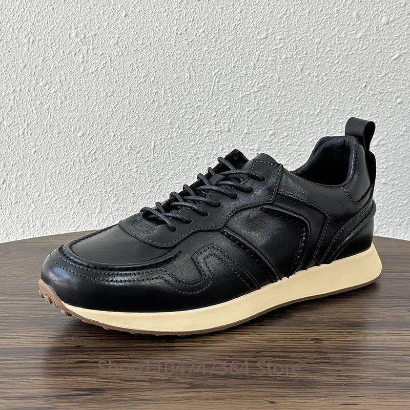 Handmade Retro Breathable Round Toe Casual Shoes Men's Soft Sole Lace Up Oxfords Male Concise Genuine Leather Outdoor Sneakers