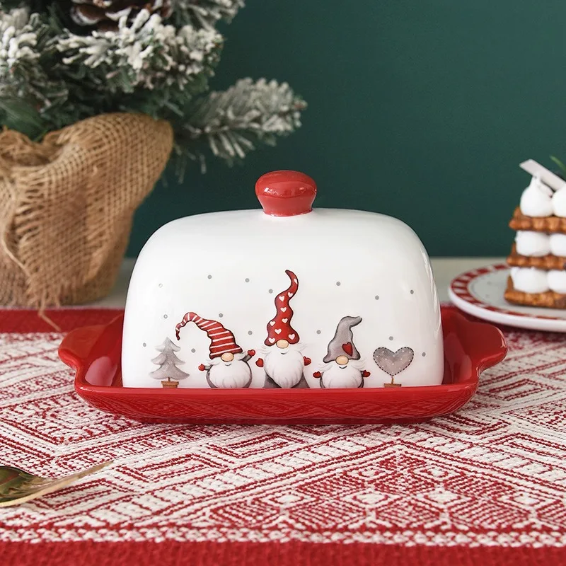 Nordic Santa Claus Ceramic Butter Snack Dish Creative Relief Christmas Ornaments Western-style Plate with Lid Home Kitchenware