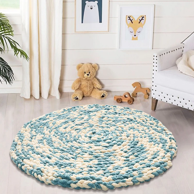 

Rugs Handmade Coarse Wool Knitting Carpet Household Bedroom Bedside Children Multi-color Round Living Room Sofa Stripe Weave Mat