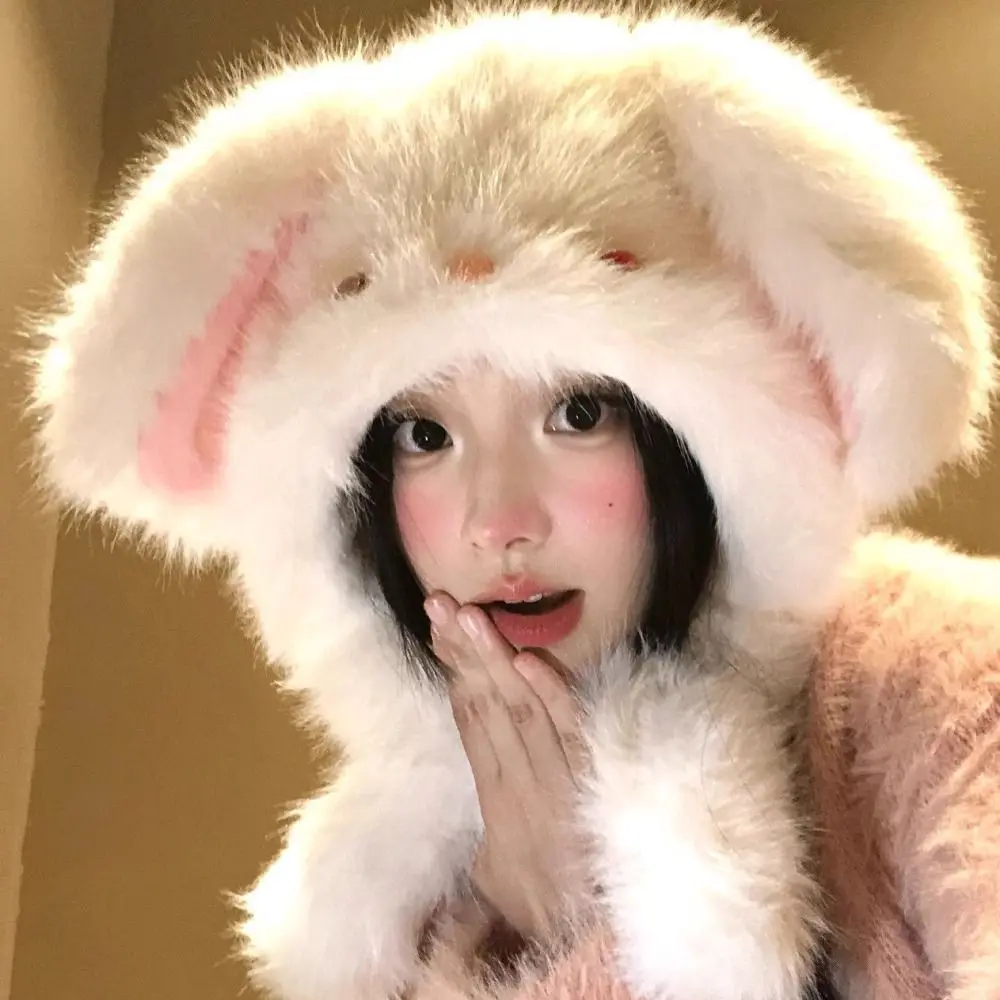 

Лыжная зимняя плюшевая шапка с защитой от холода, ветрозащитная теплая шапка с маленькими кроличьими ушками, мультяшная мягкая пушистая защитная шапка для ушей, дорожная кепка