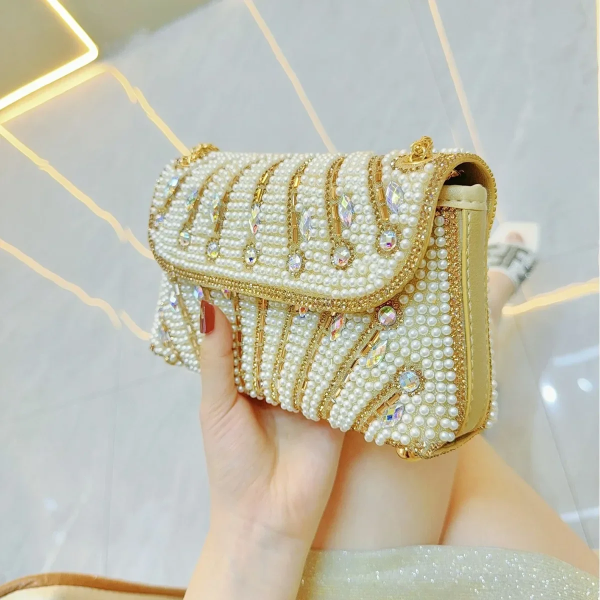 Fashion Beauty Pearl Bride Bag Chain Crystal Women Evening Bags Elegant All-match Diamond Buckle Double-sided Beads Purse