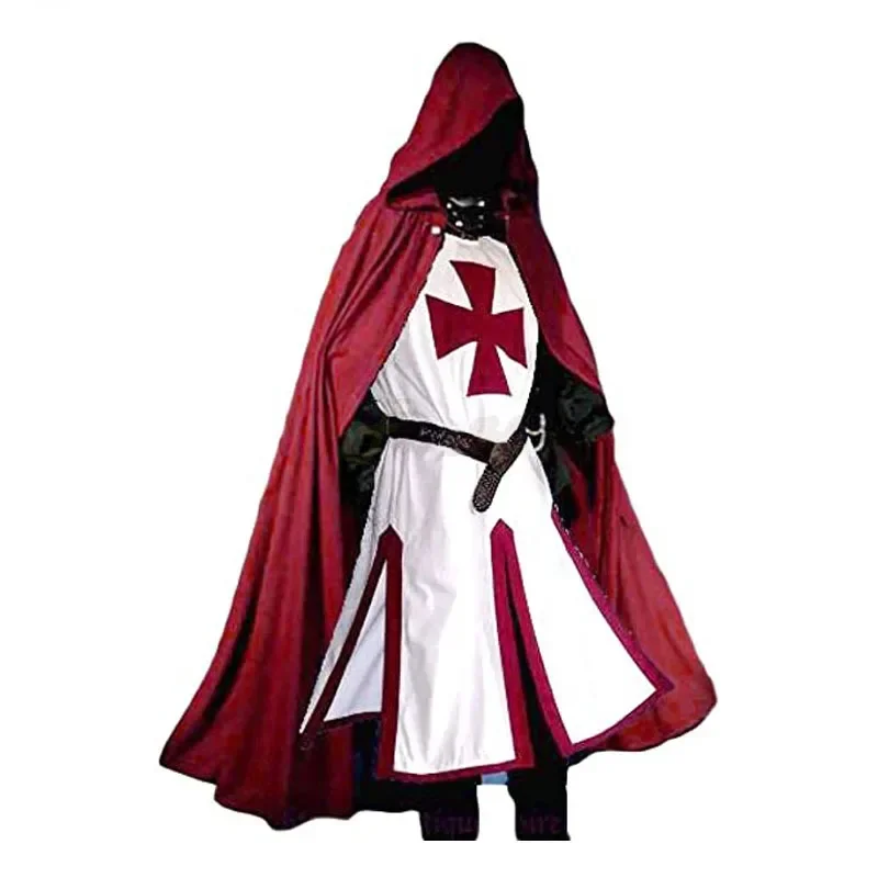 S-4XL Heren Middeleeuwse Crusader Tempeliers Tuniek Cosplay Kostuums Renaissance Halloween Wapenrok Warrior Zwarte Pest Mantel Top