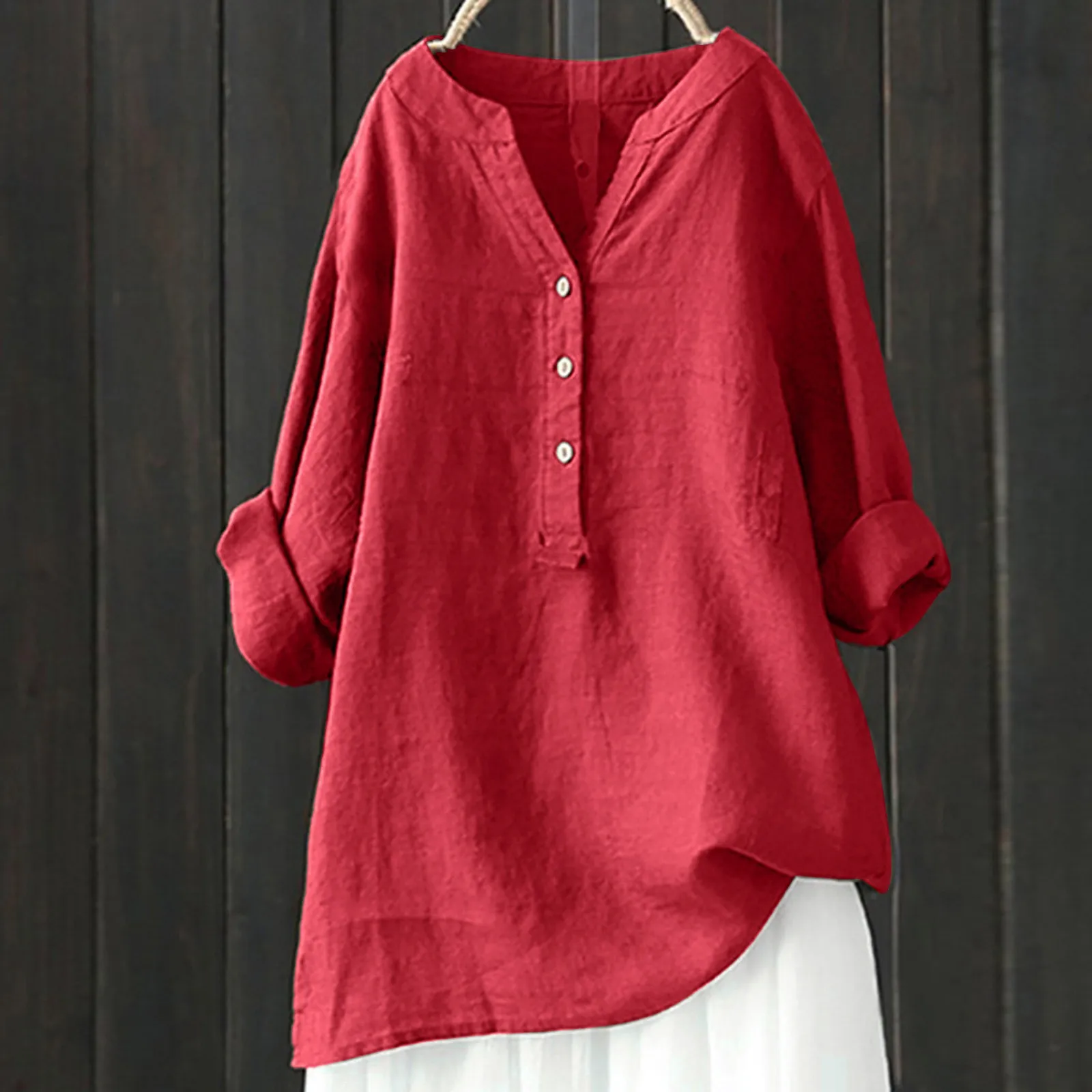 

Summer Long Sleeved Baggy Tunic Shirt Vintage Button Loose Long Sleeved Shirt Solid Color V Neck Casual Fashion Linen Shirt