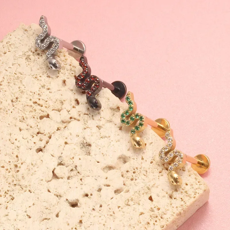 ASTM F136 Titanium Piercing Viper Snake CZ Labret Cartilage Earring Flat Back Stud Conch Tragus Helix Medusa Monroe Piercing