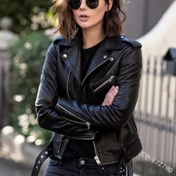 Spring Autumn Women's Leather Motorcycle Leather Jacket Coat Elegant Collar Short Slim Fit Outerwear