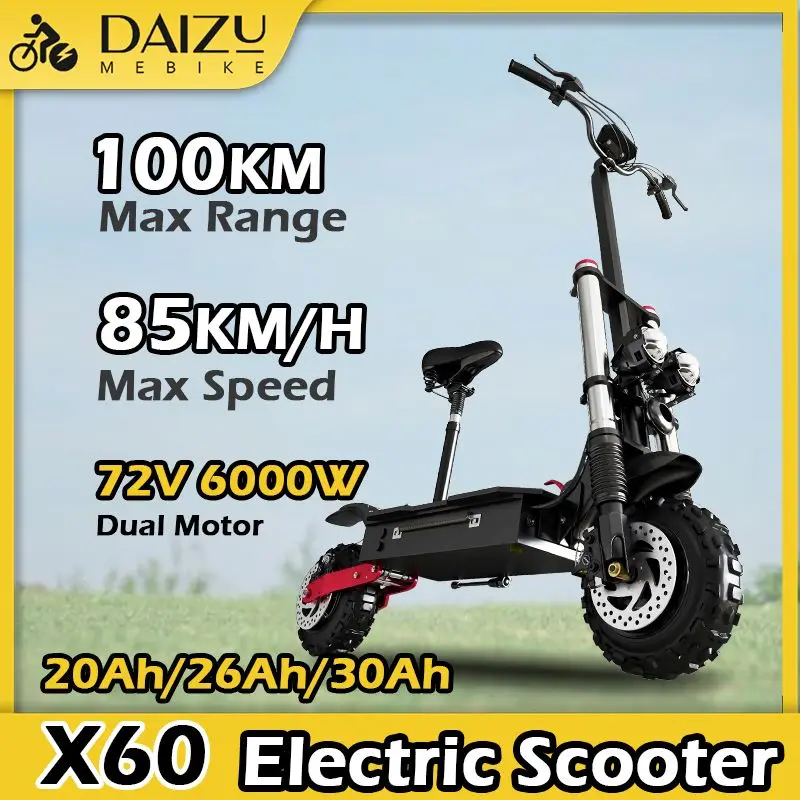 72V 6000W X60 Electric Scooter Foldable 80KM/H Top Speed, off road Tires, Dual Disc Brake High Quality E-scooter for Adults