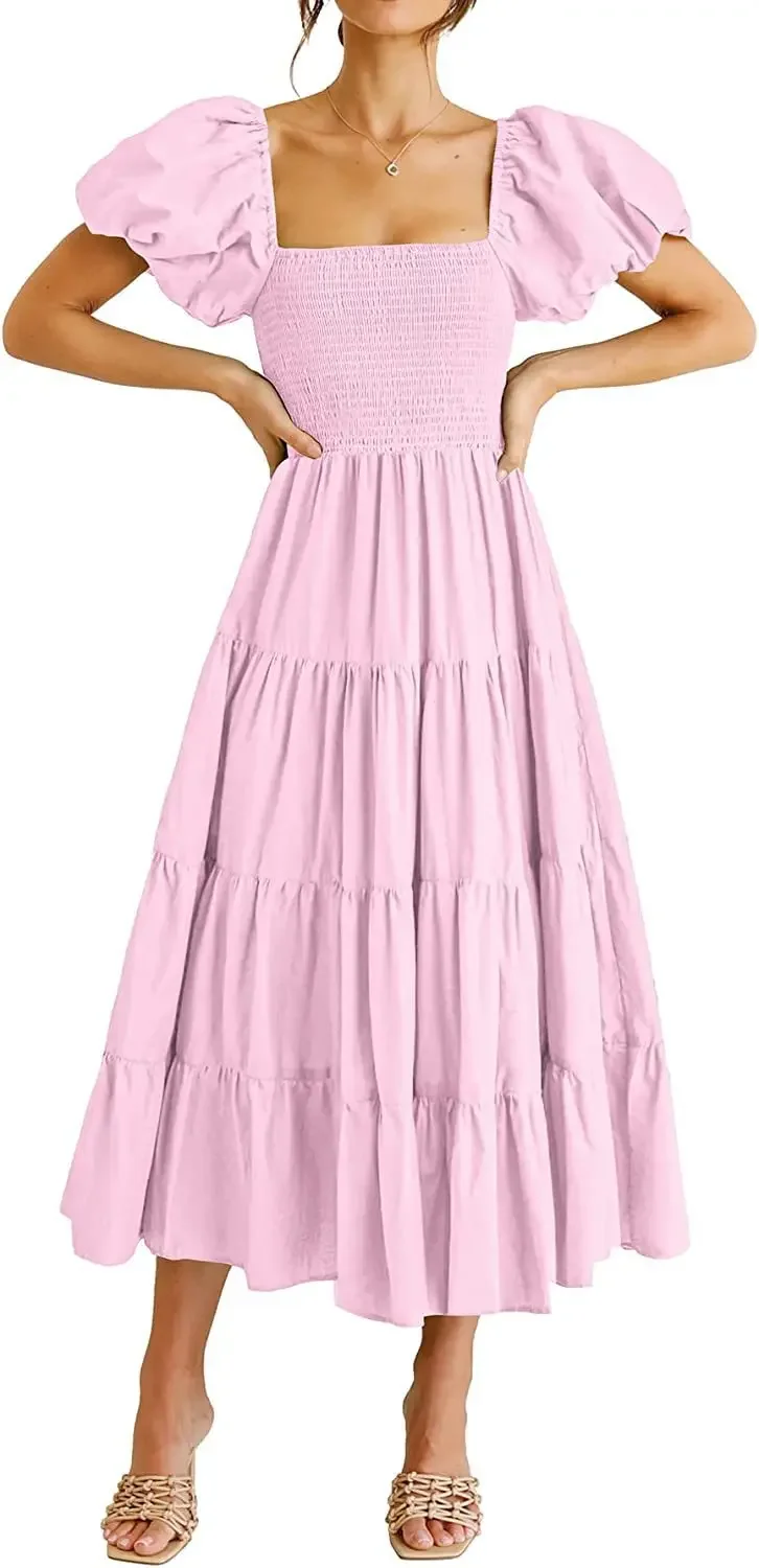 Vestido midi feminino casual de verão, manga curta bufante, gola quadrada, vestidos boho em camadas