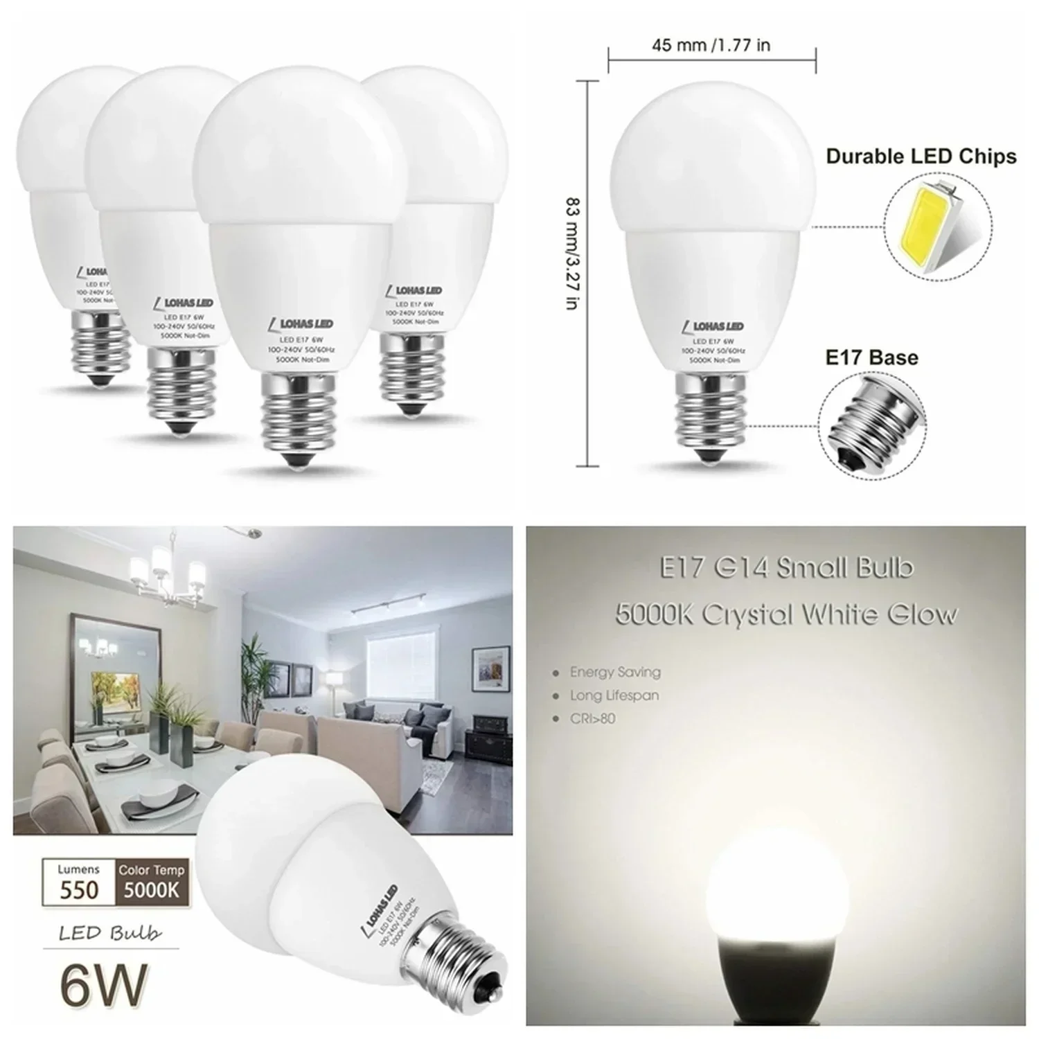 Bombillas Led de interior E17, iluminación decorativa, 6W, 550lm, G45, globo, blanco cálido/frío, para garaje, almacén, habitación de dormitorio