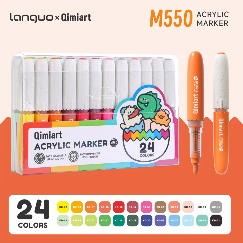 Acrylverfstiften Languo, 24/60 kleuren, met penseelpunt, inclusief opbergtas, ideaal als cadeau voor kinderen, wasbare verfset.
