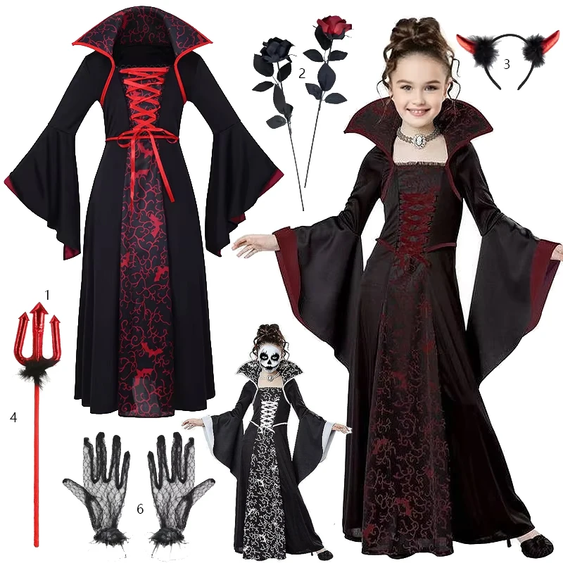 فتاة تأثيري الساحرة مصاص دماء زي طويل توتو فساتين الهالوين الأطفال أزياء تنكرية الملابس القوطية هدايا العيد