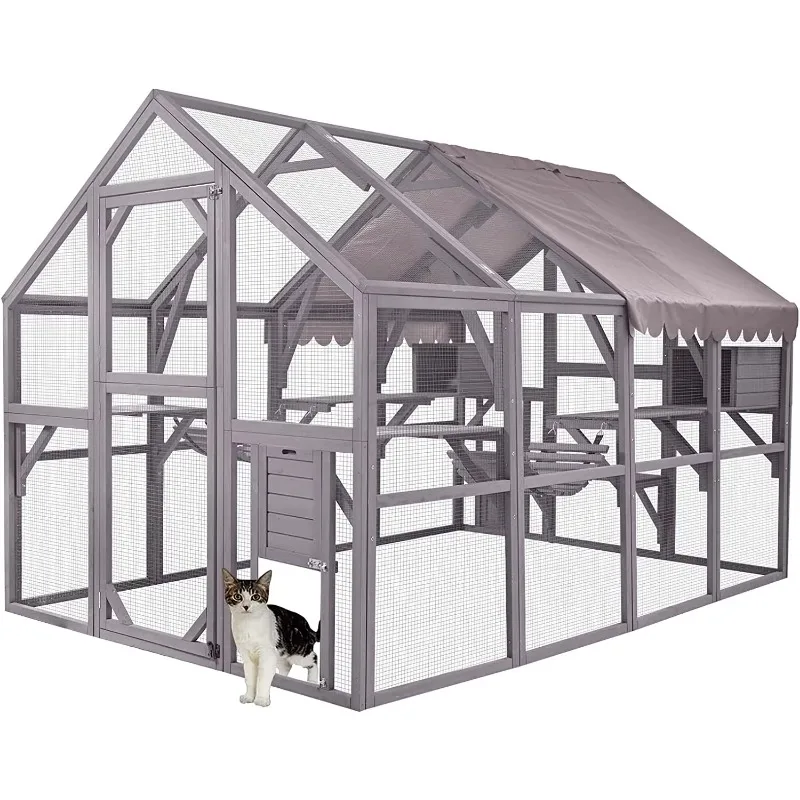 The 110-inch Catio outdoor cat enclosure is large and suitable for multiple cats outside the wooden cat house