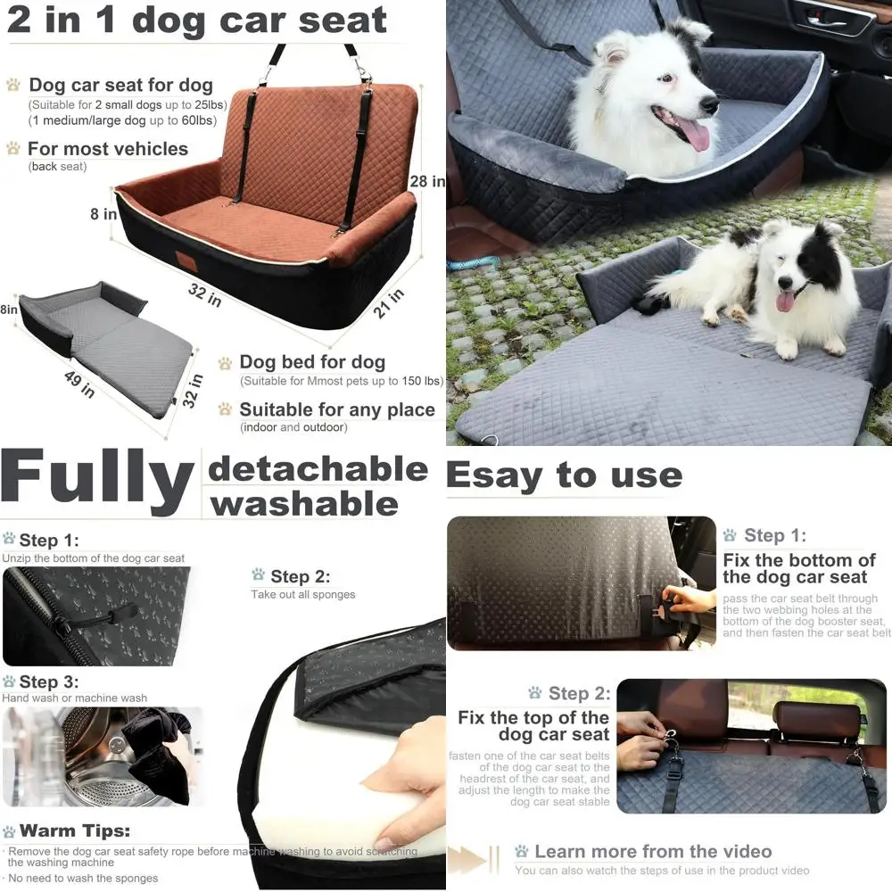 

Автокресло и кровать для собак-трансформеры для 2 маленьких или 1 средних/больших собак до 60 фунтов, удобное, съемное и моющееся (черный/коричневый)