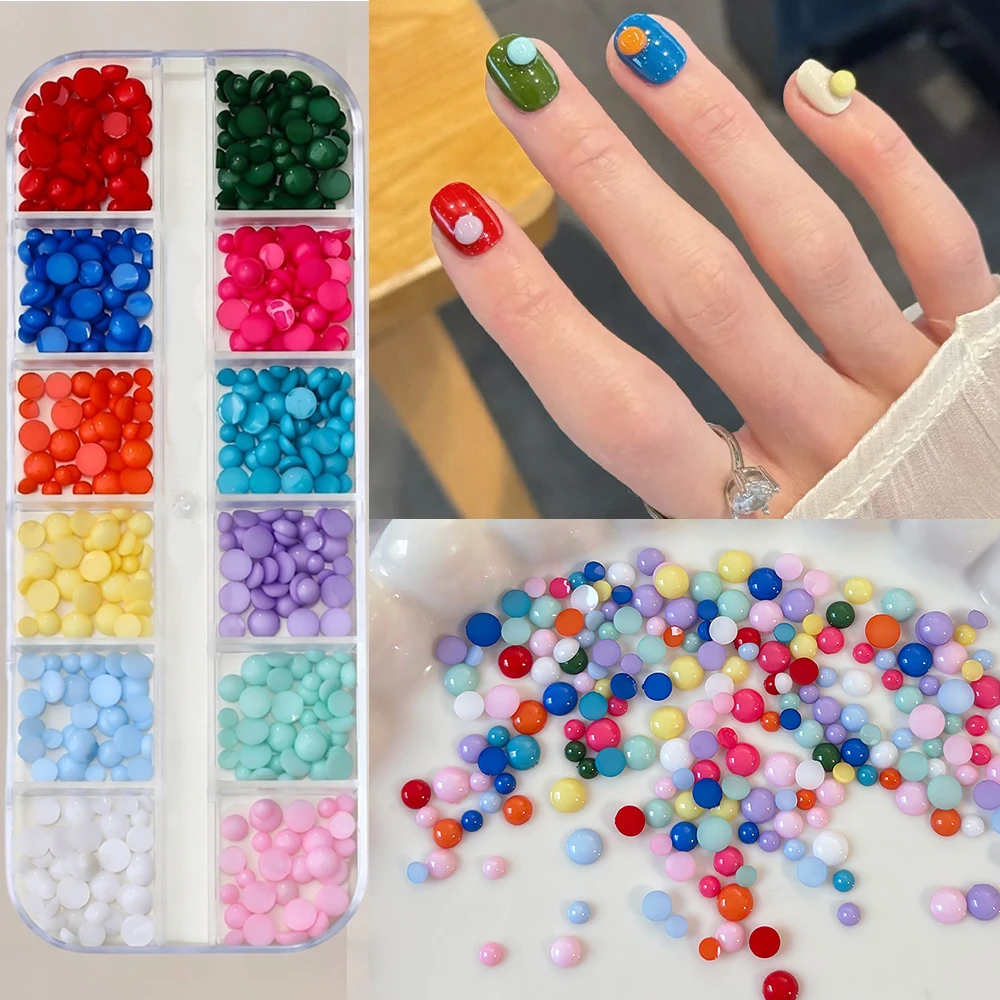 12Grids Candy Half-Round Beads Nail Art Decorations 3D Mixed Size Nail Charm Acrylic Macaron Bubble Manicure Ornament Accessorie