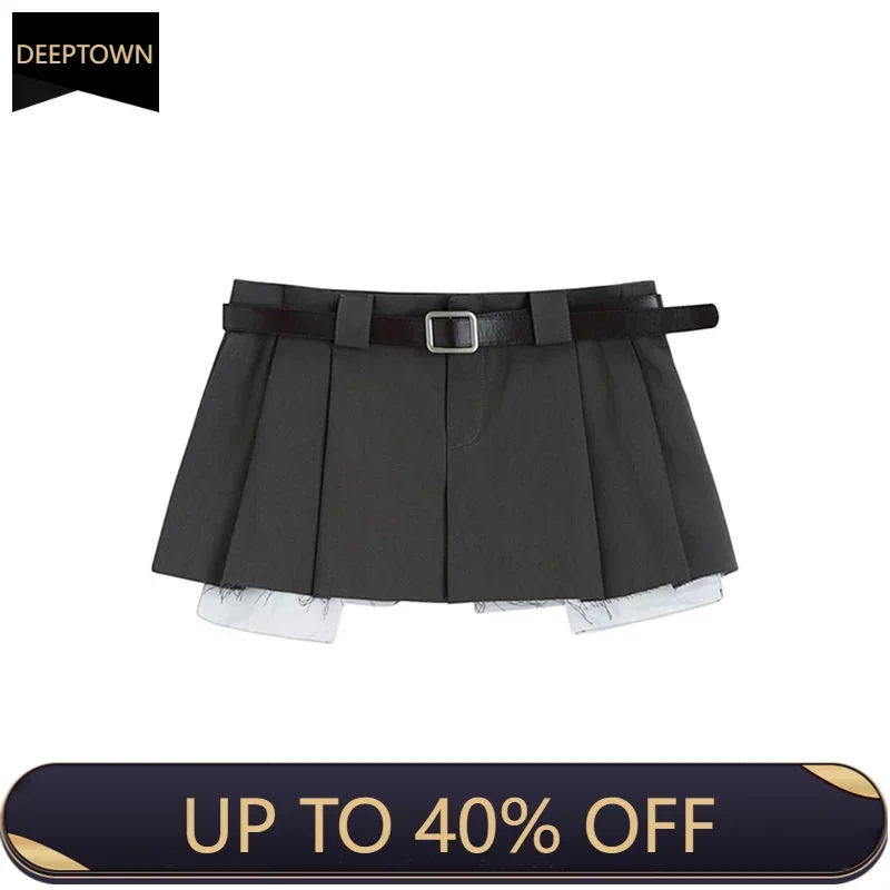 DEEPTOWN Vintage Pleated Skirt with Belt Women Y2k Streetwear Low Waist Irregular Fake Two Piece Sexy Cargo Micro Skirt Summer