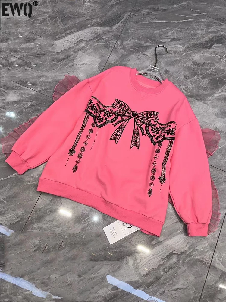 [EWQ] Embroidered Flares Bow Print Long Sleeve Spliced Ruffles Sweatshirt Fashion Loose Women Pullover Tops 2024 Autumn 16O3063