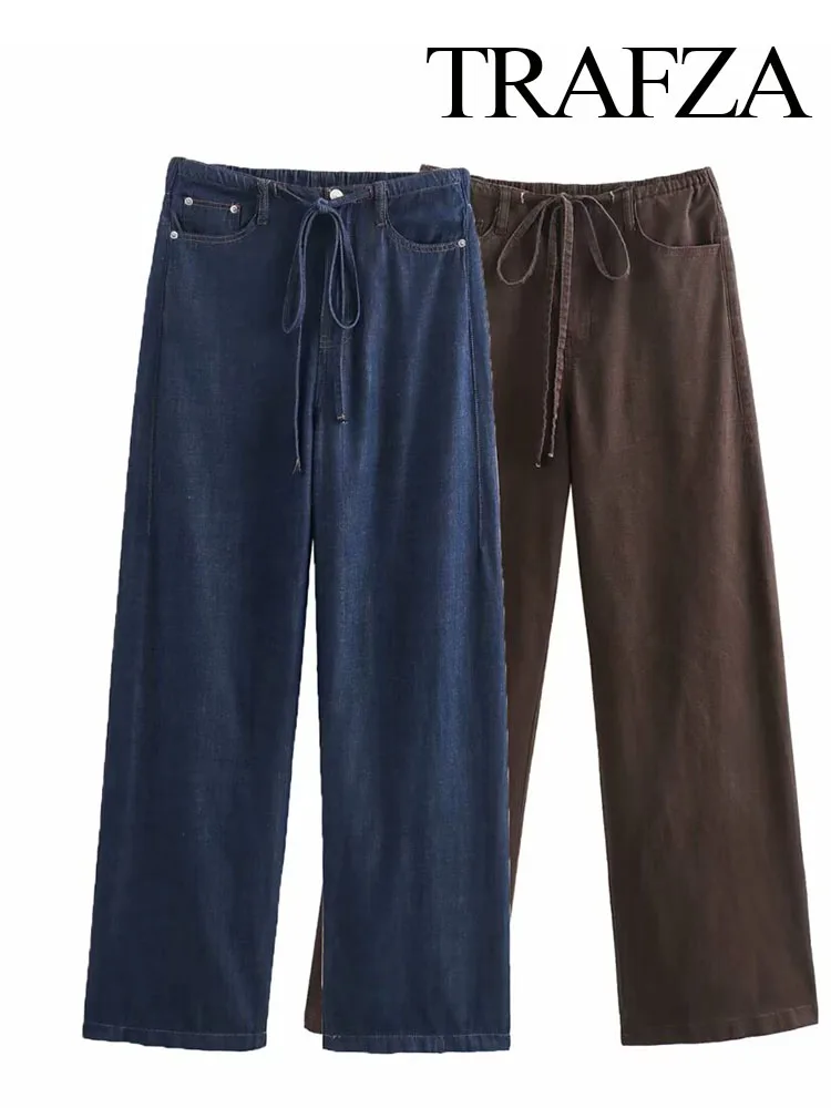 TRAFZA-pantalones de pierna recta con cordón para Mujer, pantalón elegante con cremallera y bolsillo salvaje, cintura alta, 2 colores, Verano