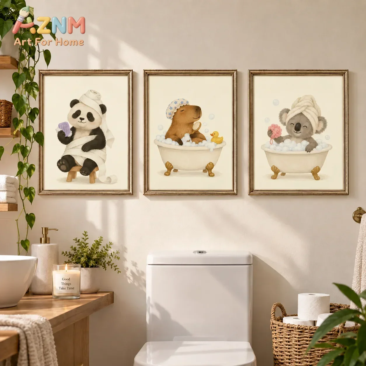 AZNM Cute Panda Capybara Koala Bathing Canvas Wall Art, Cartoon Animal Bathroom Decor Print, Nursery Room Wall Decoration Gift f