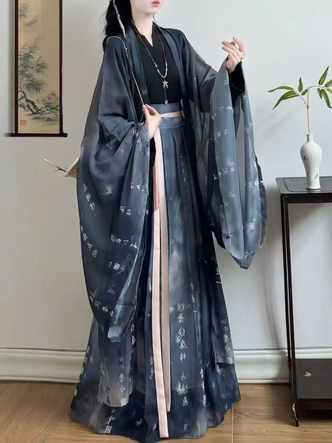 ชุดฮั่นฝูแบบดั้งเดิมสำหรับผู้หญิง ชุดประจำยุคเหว่ยจิ้น ผ้าชีฟองสวมใส่สบาย เสื้อแขนยาวพร้อมกระโปรง ชุดเต้นรำบนเวที