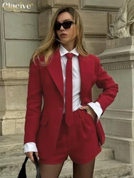 Clacive Fashion Loose Red Office Shorts Sets For Women 2 Pieces Elegant Long Sleeve Blazer With High Waist Shorts Set Female