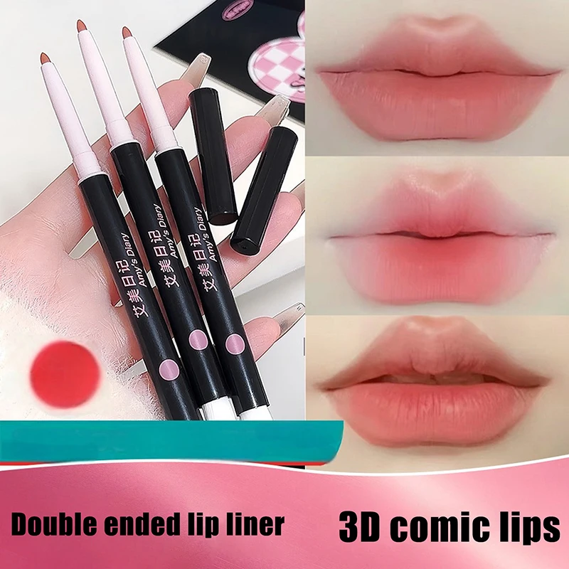 Double-Ended Waterdichte Matte Lip Liner Potlood En Borstel Overzicht Lippenstift Langdurige Non-stick Cup Natuurlijke Lip Make-up 3 Kleuren
